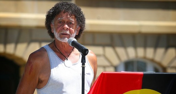 Aboriginal activist Jim Everett speaks at a rally that condemned Australia Day celebrations