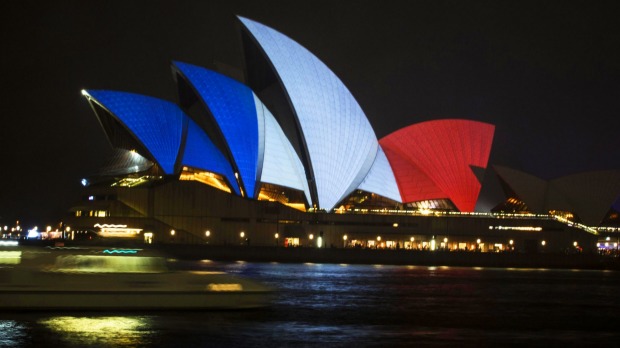 sydney opera house red white blue